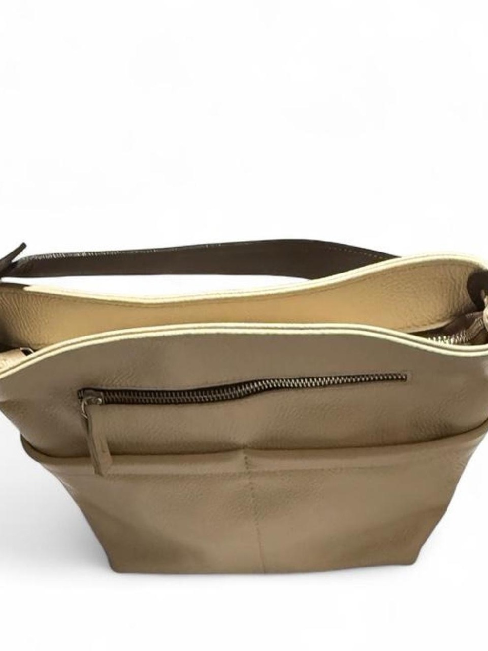 Valentina Beige Italian Leather Shoulder Bag with Front Zip